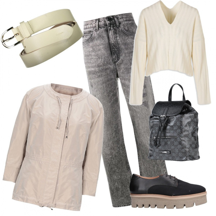 Outfit donna - A spasso con lo zainetto. Stile Basic per Tutti i giorni. Abbinamento con zaini, scarpe stringate, giacche, jeans, maglieria, cinture.