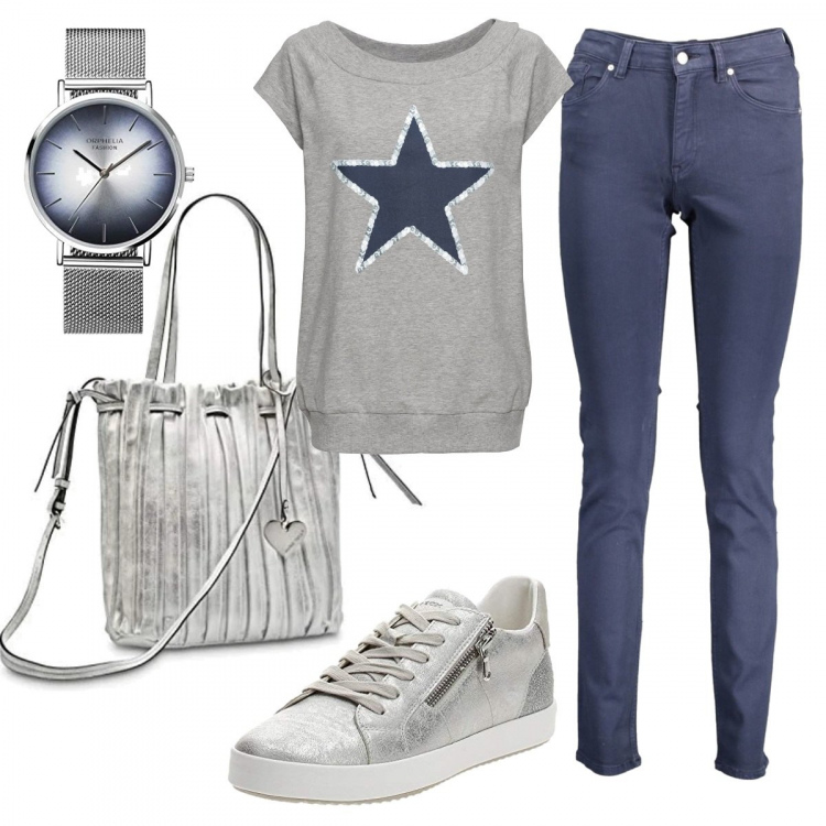 Outfit donna - Basic #15432. Stile Basic per Scuola/Università. Abbinamento con t-shirt, sneakers, borse a mano, jeans, orologi analogici.
