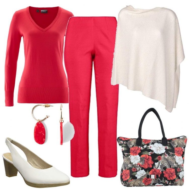 Outfit donna - Rosso primaverile. Stile Basic per Tutti i giorni. Abbinamento con maglieria, orecchini, borse a mano, sandali, pantaloni, cappotti.