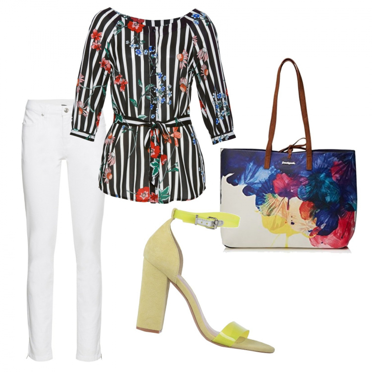 Outfit donna - Trendy #26414. Stile Trendy per Tutti i giorni. Abbinamento con jeans skinny, bluse, sandali col tacco, borse a spalla.