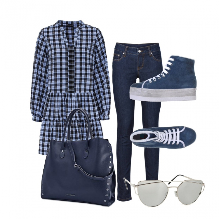 Outfit donna - Blu esperience. Stile Trendy per Tutti i giorni. Abbinamento con jeans skinny, vestiti, sneakers alte, borse a mano, occhiali da sole.