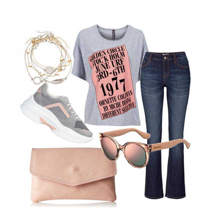 Outfit donna - La t-shirt la annodo e diventa trendy. Stile Trendy per Tutti i giorni. Abbinamento con maglieria, jeans bootcut, braccialetti con ciondoli, sneakers, occhiali da sole, borse a mano.