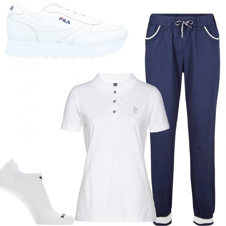 Outfit donna - Outfit casalingo. Stile Basic per Tutti i giorni. Abbinamento con polo, pantaloni, sneakers, calzini.