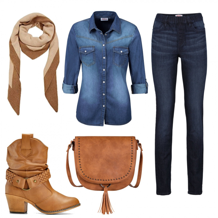 Outfit donna - Urban #8950. Stile Urban per Tutti i giorni. Abbinamento con camicie, jeggings, stivaletti texani, borse a tracolla, sciarpe.