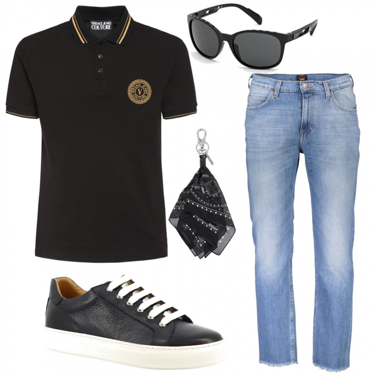 Outfit uomo - Tempo di Picnic. Stile Casual per Tutti i giorni. Abbinamento con portachiavi, sneakers, polo, occhiali da sole, jeans.