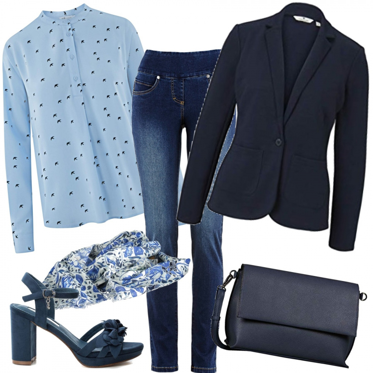 Outfit donna - Piano segreto. Stile Trendy per Tutti i giorni. Abbinamento con jeans slim fit, camicie, blazer, sandali col tacco, borse a tracolla, sciarpe.