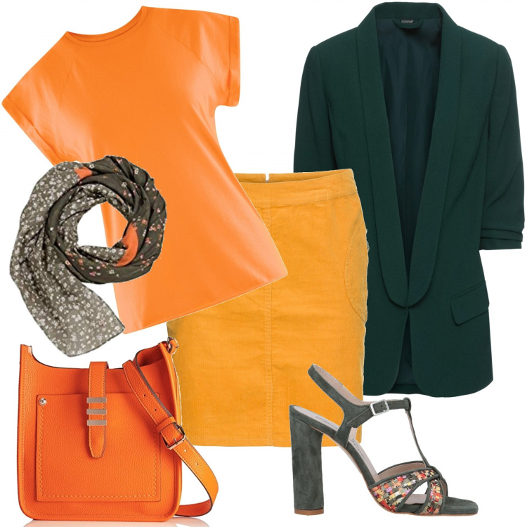 Outfit donna - Rassicurante e solare. Stile Trendy per Tutti i giorni. Abbinamento con blazer, gonne, sandali col tacco, t-shirt, borse a tracolla, sciarpe.