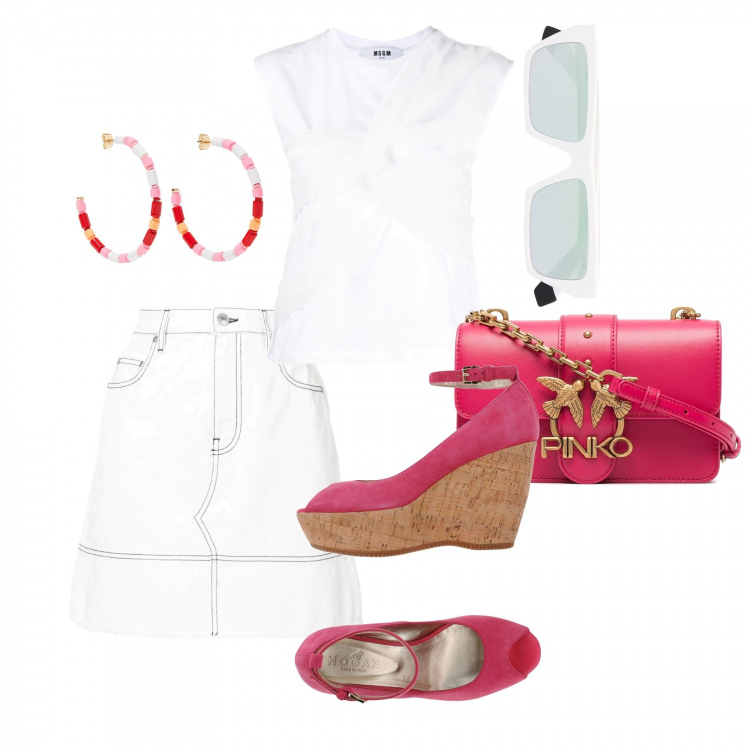 Outfit donna - Bianco e fucsia. Stile Trendy per Scuola/Università. Abbinamento con décolleté, orecchini, minigonne, top, borse a tracolla, occhiali da sole.