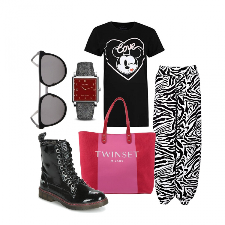 Outfit donna - Sostanzialmente...... Stile Urban per Tutti i giorni. Abbinamento con pantaloni a palazzo, borse a mano, stivaletti, t-shirt, orologi analogici, occhiali da sole.