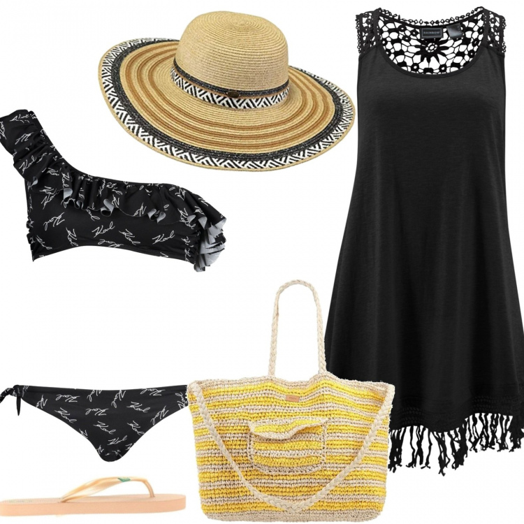 Outfit donna - Spiaggia mia. Stile Urban per Mare. Abbinamento con vestiti da spiaggia, borse a spalla, infradito, costumi, cappelli, costumi.
