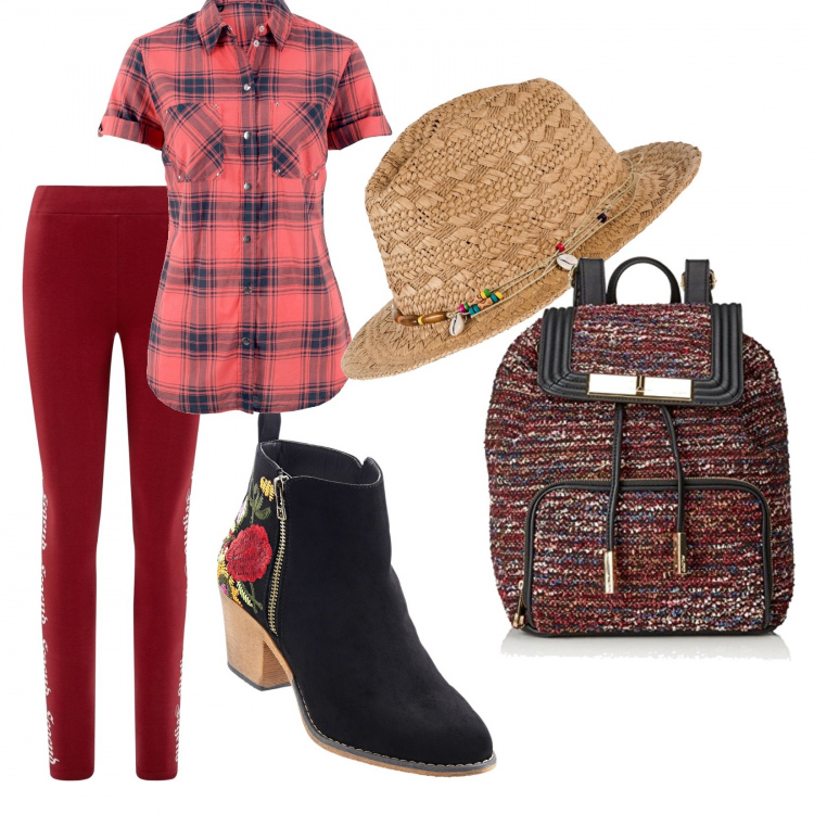 Outfit donna - Etnico #1323. Stile Etnico per Tutti i giorni. Abbinamento con stivaletti, camicie a manica corta, cappelli, leggings, zaini.