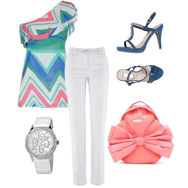 Outfit donna - Like missoni. Stile Basic per Ufficio. Abbinamento con pantaloni, sandali con strass effetto scamosciato con fibbia e punta tonda tinta unita, zaino con fiocco rosa e viola, orologio.