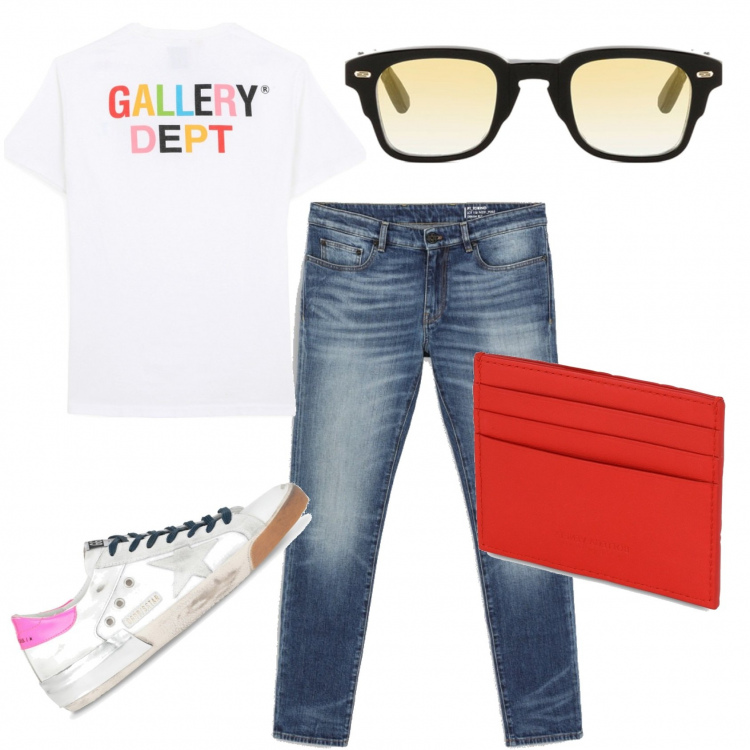 Outfit uomo - Casual #9905. Stile Casual per Tutti i giorni. Abbinamento con jeans, portafogli, occhiali da sole, t-shirt, sneakers.