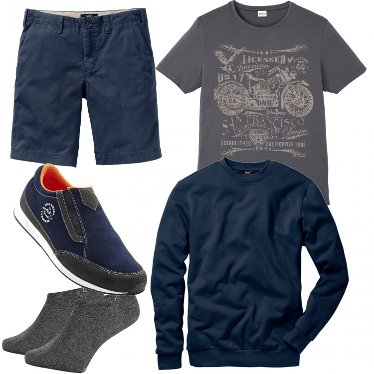 Outfit uomo - Due passi nel pomeriggio. Stile Casual per Tutti i giorni. Abbinamento con felpe, bermuda, scarpe stringate, t-shirt, calzini.