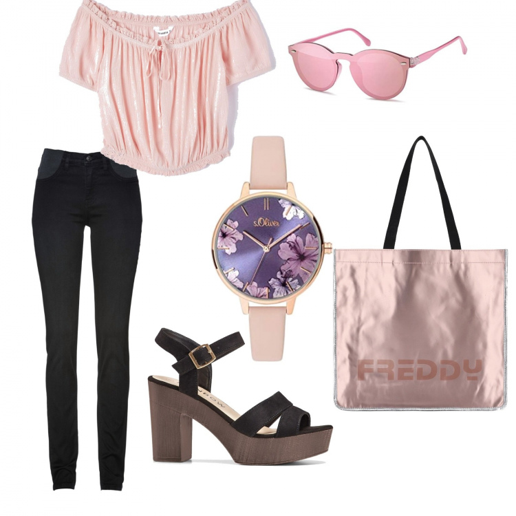 Outfit donna - Trendy #26812. Stile Trendy per Tutti i giorni. Abbinamento con jeans skinny, sandali col tacco, camicie, shopping bag, occhiali da sole, orologi analogici.