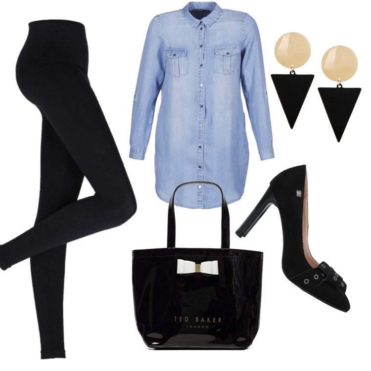 Outfit donna - Camicia over e leggings!. Stile Trendy per Serata fuori. Abbinamento con leggings, orecchini, décolleté, vestiti corti, borse a mano.