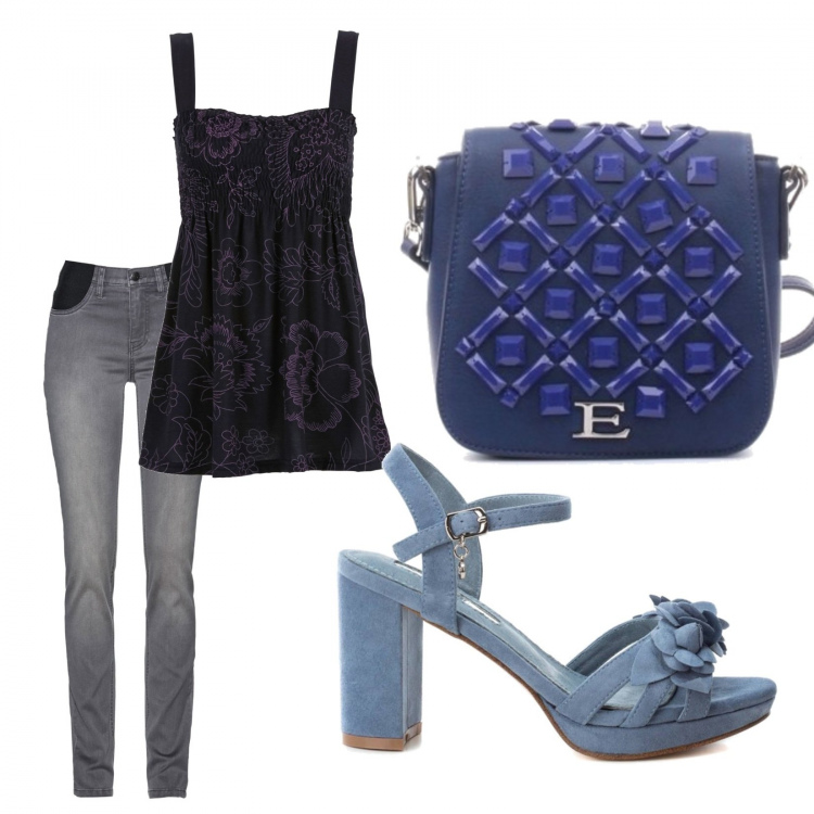 Outfit donna - Basic #15739. Stile Basic per Tutti i giorni. Abbinamento con jeans, top, borse a tracolla, sandali col tacco.