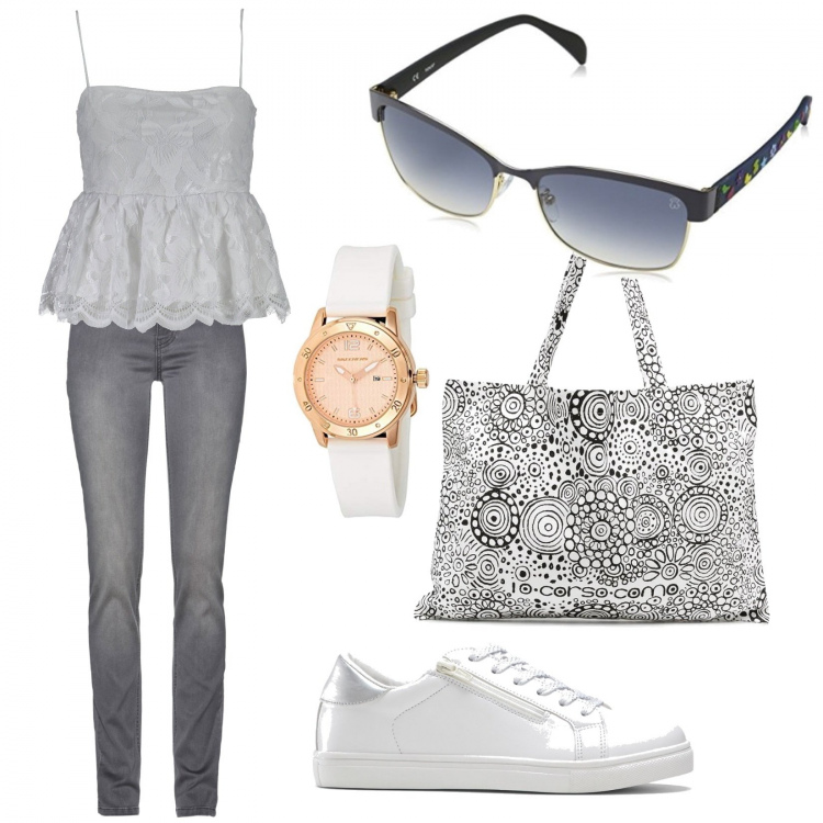 Outfit donna - Trendy #26888. Stile Trendy per Tutti i giorni. Abbinamento con jeans, sneakers, borse tote, canottiere, orologi, occhiali da sole.