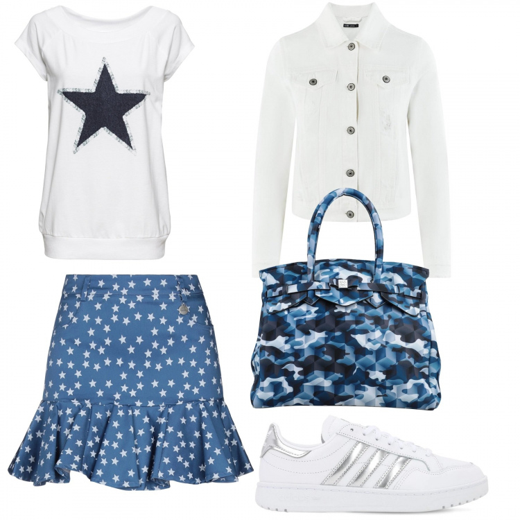 Outfit donna - Little star. Stile Basic per Tutti i giorni. look ideale per Petite. Abbinamento con t-shirt, minigonne, borse a mano, sneakers, blazer.