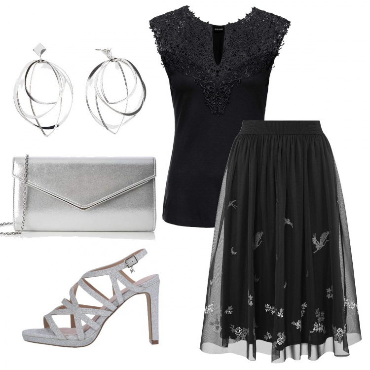 Outfit donna - Trendy #26898. Stile Trendy per Serata fuori. Abbinamento con top, jeans dritti, sandali col tacco, gonne longuette, pochette.
