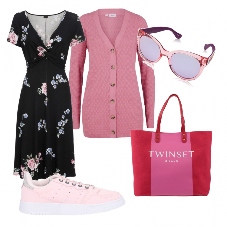 Outfit donna - La big bag. Stile Basic per Tutti i giorni. Abbinamento con vestiti lunghi, cardigans, borse a mano, sneakers, occhiali da sole.