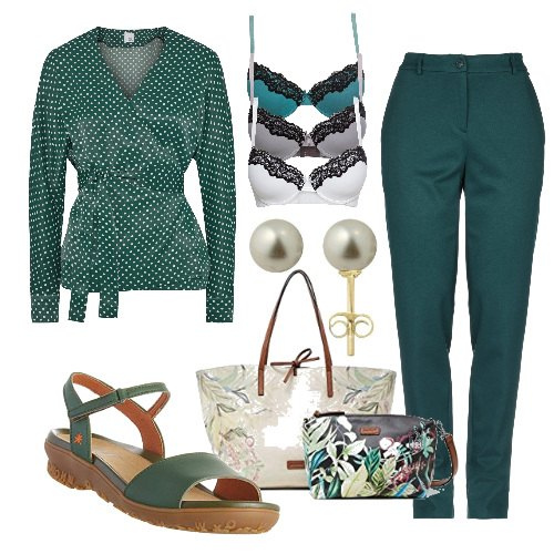 Outfit donna - Con le perle e i pois. Stile Bon Ton per Tutti i giorni. Abbinamento con reggiseni, bluse, pantaloni, sandali, shopping bag, orecchini.