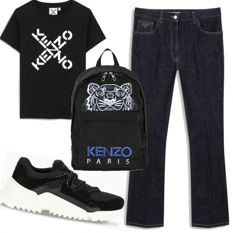 Outfit donna - Primo sole. Stile Urban per Tutti i giorni. Abbinamento con jeans, t-shirt, sneakers, zaini.