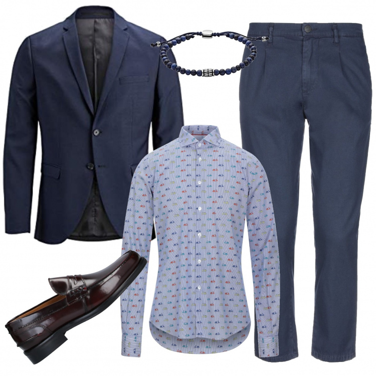 Outfit uomo - Il tipo trendy in blu. Stile Trendy per Ufficio. Abbinamento con camicie, pantaloni capri, scarpe stringate, giacche, braccialetti.