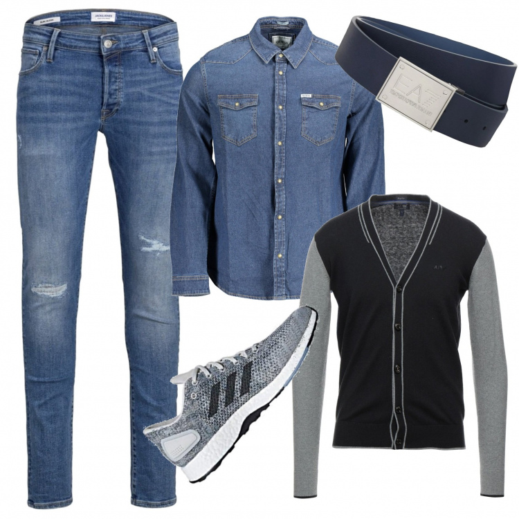 Outfit uomo - Total jeans per l'aperitivo. Stile Urban per Tutti i giorni. Abbinamento con jeans, cardigans, camicie, sneakers, cinture.