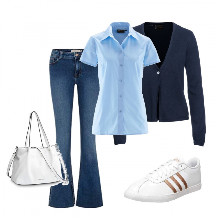 Outfit donna - Primavera in ufficio. Stile Basic per Ufficio. Abbinamento con cardigans, camicie a manica corta, jeans a zampa, sneakers, borse a mano.