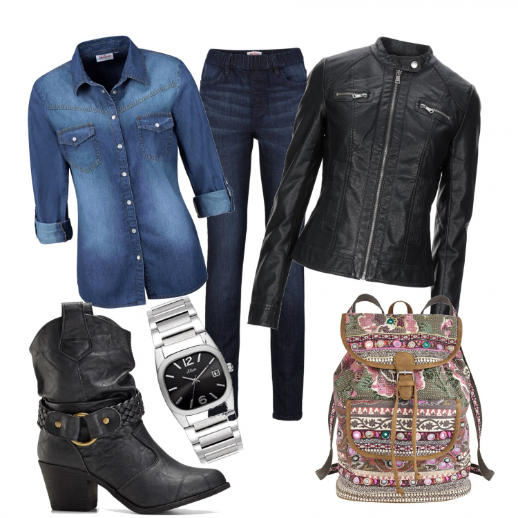 Outfit donna - Comoda per una giornata frenetica. Stile Basic per Tutti i giorni. Abbinamento con camicie, jeggings, zaini, stivaletti texani, giacche, orologi.