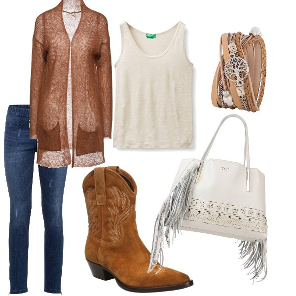 Outfit donna - Texani per un giorno. Stile Etnico per Tutti i giorni. Abbinamento con stivaletti texani, cardigans, borse a mano, braccialetti, canottiere, jeggings.