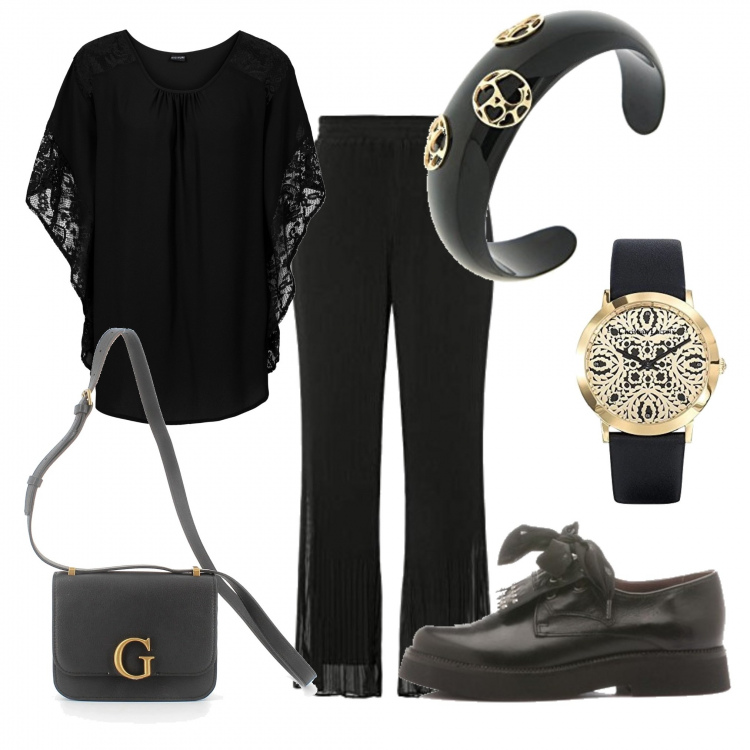 Outfit donna - Total look curvy con bracciale glam. Stile Trendy per Tutti i giorni. Abbinamento con bluse, scarpe stringate, borse a tracolla, pantaloni a palazzo, braccialetti, orologi analogici.