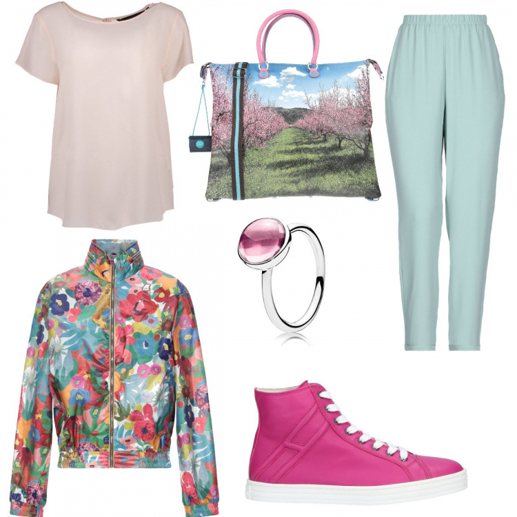 Outfit donna - Primavera sui libri. Stile Trendy per Scuola/Università. Abbinamento con cappotti, borse a mano, pantaloni, sneakers alte, t-shirt, anelli.