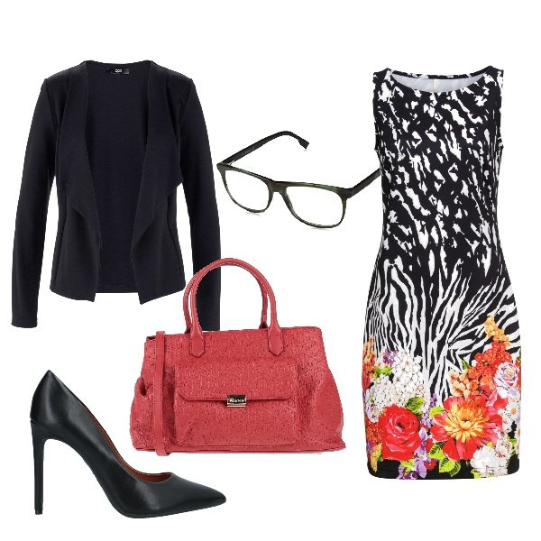Outfit donna - In ufficio con abito a fiori. Stile Basic per Ufficio. Abbinamento con blazer, vestiti a tubino, borse a mano, décolleté, occhiali.