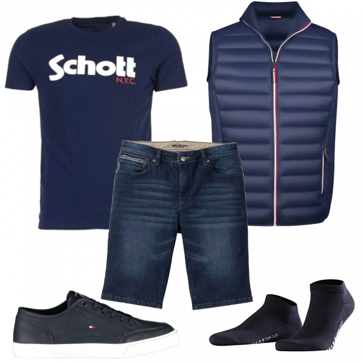 Outfit uomo - Total blue. Stile Casual per Tutti i giorni. Abbinamento con bermuda, piumini, t-shirt, sneakers, calzini.