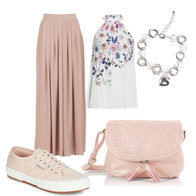 Outfit donna - Trendy #27441. Stile Trendy per Tutti i giorni. Abbinamento con top, minigonne, sneakers, braccialetti, borse a tracolla.