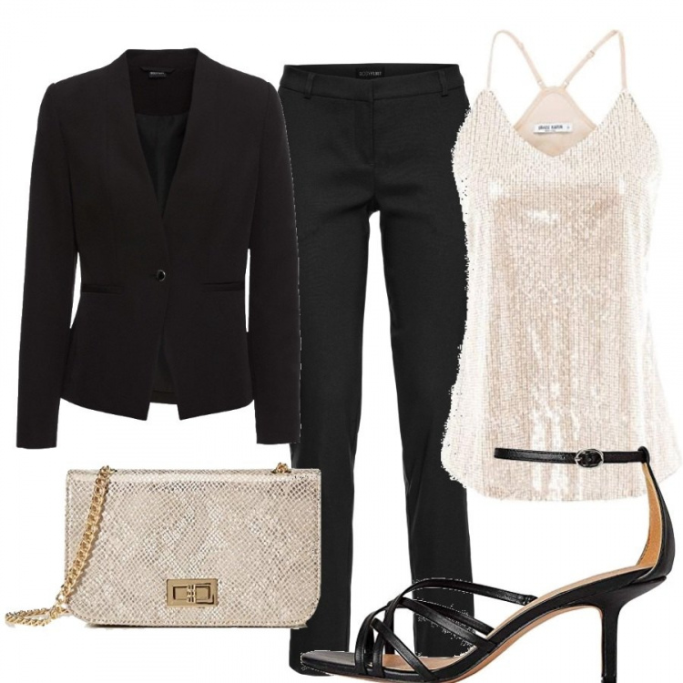 Outfit donna - Tailleur e paillettes. Stile Trendy per Serata fuori. Abbinamento con pantaloni, blazer, camicie, sandali, clutch.