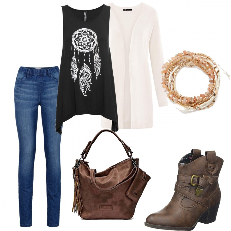 Outfit donna - Stivaletto texano. Stile Basic per Tutti i giorni. Abbinamento con top, jeggings, braccialetti, cardigans, stivaletti texani, borse a spalla.
