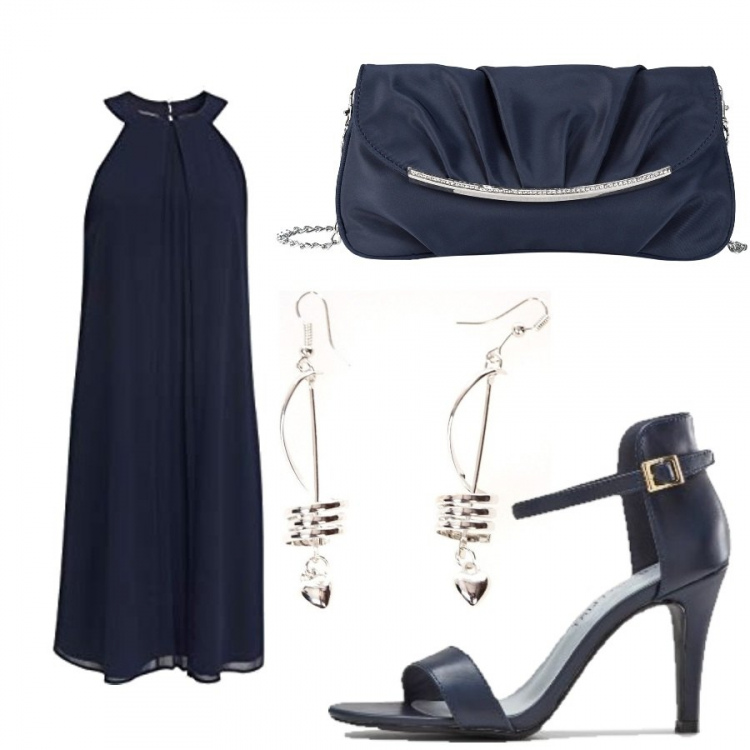 Outfit donna - Blue bon ton. Stile Bon Ton per Serata fuori. Abbinamento con pochette, sandali col tacco, orecchini, vestiti.