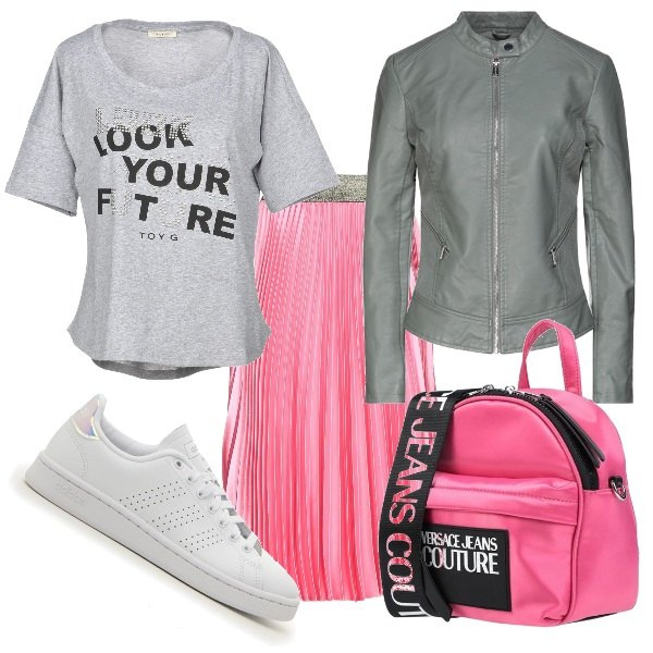 Outfit donna - Mid-April sales. Stile Urban per Tutti i giorni. Abbinamento con cappotti, gonne longuette, zaini, t-shirt, sneakers.