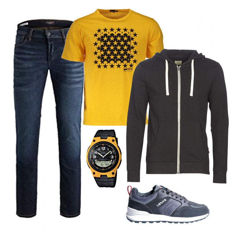 Outfit uomo - Un picnic di Pasqua. Stile Trendy per Tutti i giorni. Abbinamento con sneakers, felpe, t-shirt, jeans slim fit, orologi.