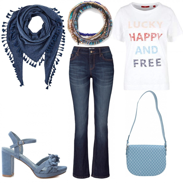 Outfit donna - Lucky, happy and free. Stile Basic per Scuola/Università. Abbinamento con jeans bootcut, borse a cartella, braccialetti, sandali col tacco, bluse, scialli.