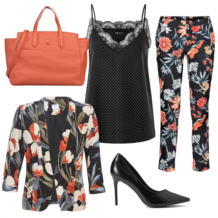 Outfit donna - Fiori in riunione. Stile Bon Ton per Ufficio. Abbinamento con pantaloni, borse a mano, giacche, décolleté, canottiere.