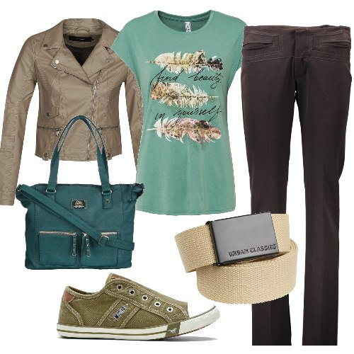 Outfit donna - A scuola o all\'università. Stile Urban per Scuola/Università. Abbinamento con t-shirt, sneakers, blazer, pantaloni, borse tote, cinture.