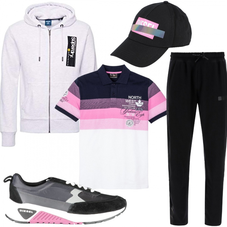 Outfit uomo - Sportivo. Stile Urban per Tutti i giorni. Abbinamento con cappelli, polo, pantaloni, maglioni, sneakers.