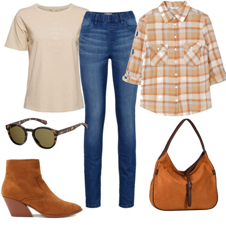 Outfit donna - Passeggiata comoda. Stile Trendy per Tutti i giorni. Abbinamento con jeggings, camicie, stivaletti texani, borse a spalla, t-shirt, occhiali da sole.