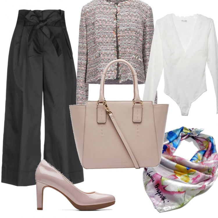 Outfit donna - Monday Style with my office bag!. Stile Trendy per Ufficio. Abbinamento con pantaloni capri, blazer, bluse, sciarpe, décolleté, borse tote.