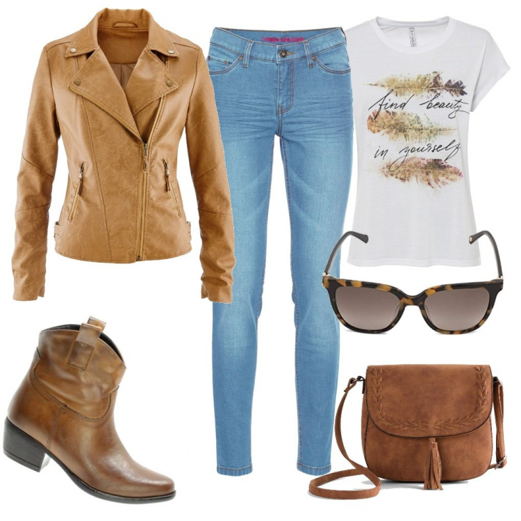 Outfit donna - In campagna. Stile Trendy per Tutti i giorni. Abbinamento con jeans skinny, blazer, t-shirt, borse a tracolla, stivaletti, occhiali da sole.