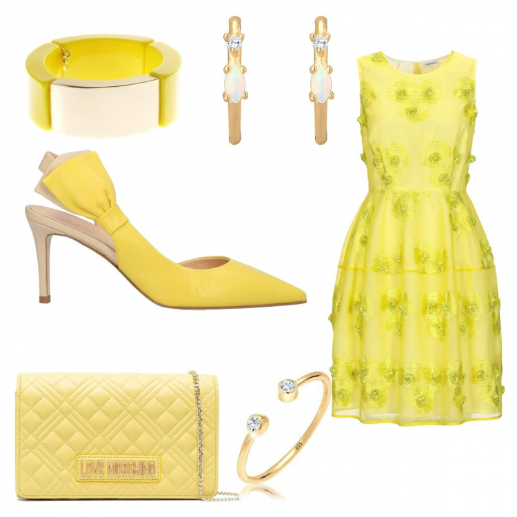Outfit donna - Abbracciami. Stile Chic per Cerimonia. Abbinamento con vestiti corti, décolleté, braccialetti, borse a tracolla, orecchini, anelli.